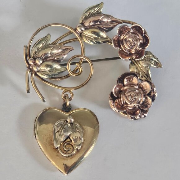Jewelry - Vintage Floral 12k Gold Filled Sterling Sweetheart Locket Brooch 3"
